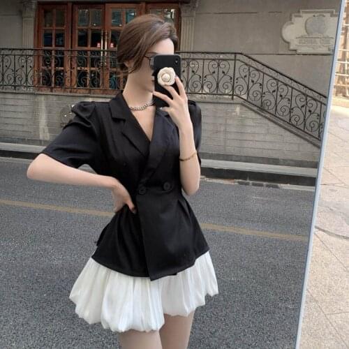 Black Suit Coat Women Office Summer 2021 New Waist Puff Sleeve Fashion Small Suit Jacket+Bud A-Line Skirt Cake Skirt Two-Piece
