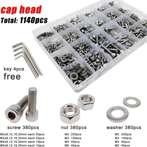 Total 1140pcs M2 M3 M4 M5 304 Stainless Steel Hexagon Hex Socket Cap Head Screw Bolt Nut Flat Washer Driver Set Kit Assortment