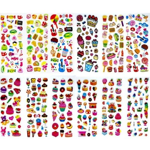 12 Sheets/Set Cake Candy Food Pattern Cartoon 3D Stickers for Girls Boys Birthday Gift Cute Sticker Toy