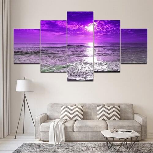 5 Pieces of Home Decoration Canvas Picture Purple Sunset Ocean Wave Poster Wall Living Room Art HD Print Sea View Beach No Frame