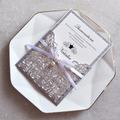50 Piece/Lot) Silver Wedding Invitations With Rhinestone DIY Personalized Glittery Pocket Princess Bridal Shower Cards