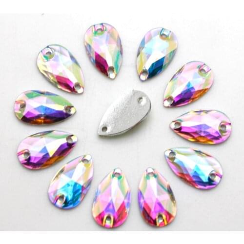Big Deal 10.5*18mm 100pcs Waterdrop Crystal AB Silver Base Sew On Rhinestone Beads, Sew On Stones for Garment Decoration