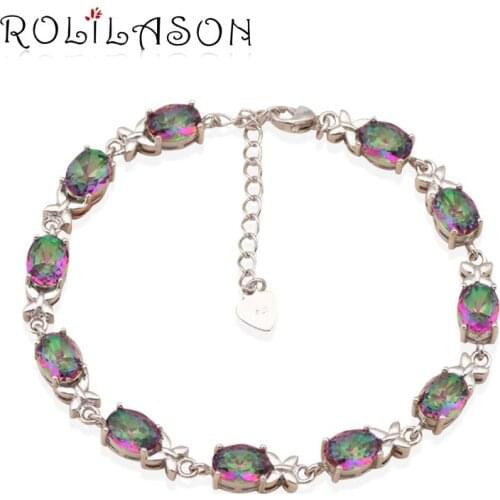 ROLILASON Rainbow vibe shining Mystic pineapple shaped zircon Silver Stamped Bracelets fashion jewelry TB523