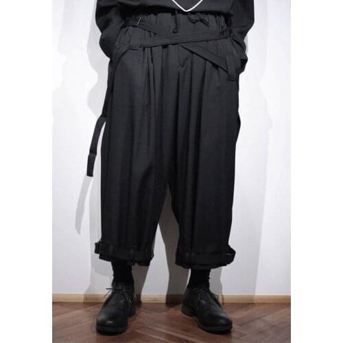 Nine-point trousers with straps mens adjustable yamamoto wind YOHJI autumn and winter black ribbon feet trousers