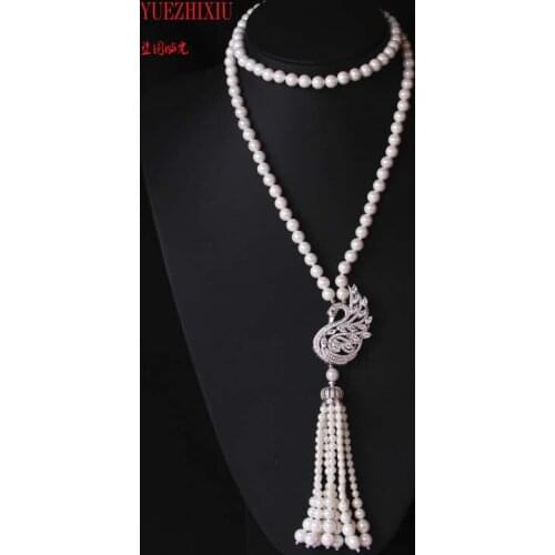 Wholesale Gifts 8mm shell pearl necklace Swan Zircon Pendant sweater chain long neck chain 32inch