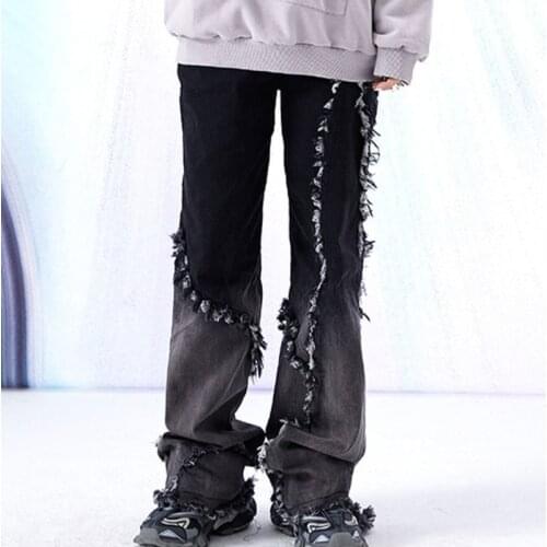 Hip Hop Jeans Women Vintage Streetwear Fashion Trousers High Waist Irregular Black Pantalon Gradient Sanding Straight Leg Pants