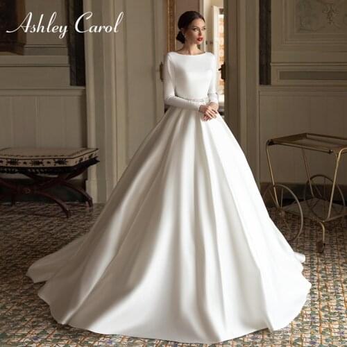 Ashley Carol A-Line Wedding Dress 2021 Elegant Backless Satin Long Sleeve Beaded Sashes Vintage Bridal Dresses Vestido De Noiva