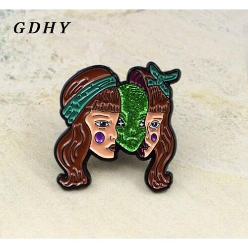 GDHY Long Hair Girl Beautiful Woman Brooch Girl Mask Green Alien Monsters Enamel Pin Personality Cartoon Halloween Jewelry Gift