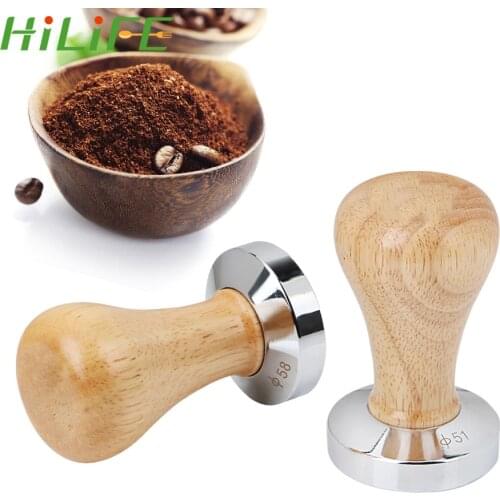HILIFE Coffee Barista Tools Stainless Steel Coffee Tamper 51MM 49MM Flat Espresso Tamper Wood Handle Coffee Powder Hammer