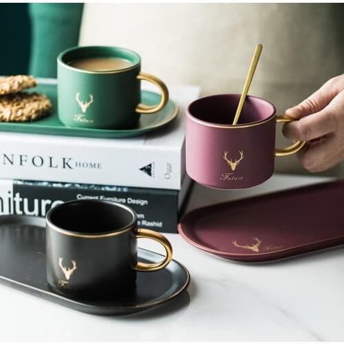 Gold Rim Ceramics Coffee Cups Mug And Saucers Spoon Sets With Gift Box Tea Soy Milk Breakfast Mugs Dessert Plate Christmas Cup