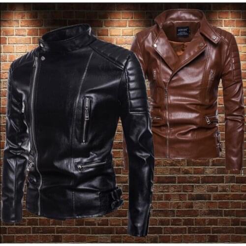 Leather jacket men Punk Multiple zipper Standing collar mens motorcycle leather jackets and coats biker black brown M - 5XL