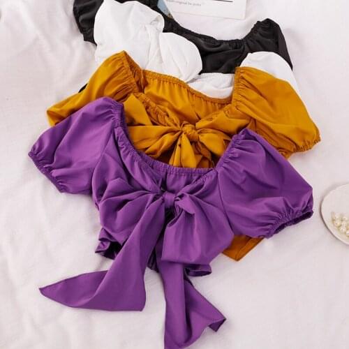 Summer Women Slash Neck Puff Sleeve Basic Chiffon Ruffles Bow Shirt Lady Short Elastic Slim Bandage Strap Gauze Mesh Blouse Tops