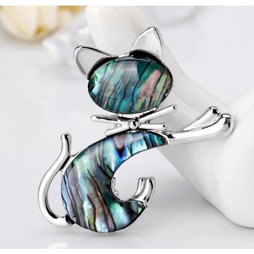Concinnity Fashion Cat Brooch Natural Shell Embellish Animal Brooches for Women Charm Corsage Pins Jewelry Gifts Accessories
