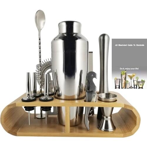 1-12Pcs Boston Cocktail Shaker Kit Bartender Mixer 750ml Wine Bar Accessories With Jigger Pourer Muddler Bamboo Stand Recipe