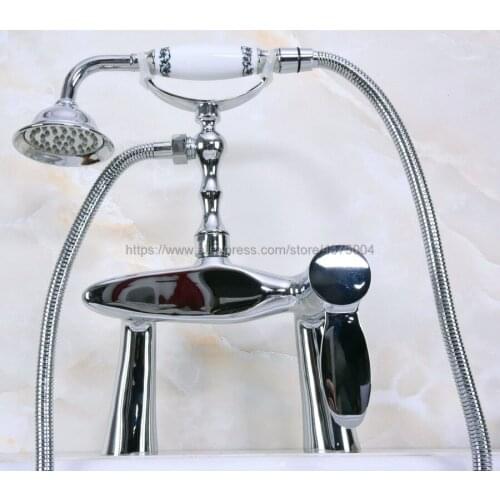 Deck Mounted Polished Chrome Shower Set Faucet+Single Handles Hand Held Shower Head Kit Shower Faucet Sets Nna108