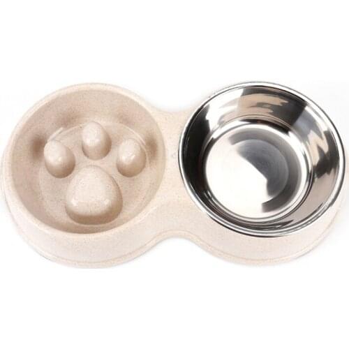 Wholesale Dog Bowl Wheat Straw Slow Food Anti Choking Stainless Steel Double Bowl Pet Tableware Anti Skid Cat Food Basin
