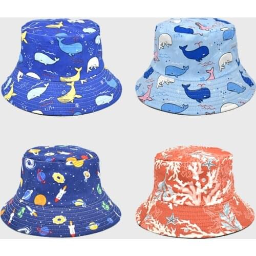 Whale Cartoon Print Bucket Hat Four Seasons Fisherman Hat Simple Sunshade Outdoors Panama Double-Faced Fashion Casual Bucket Cap