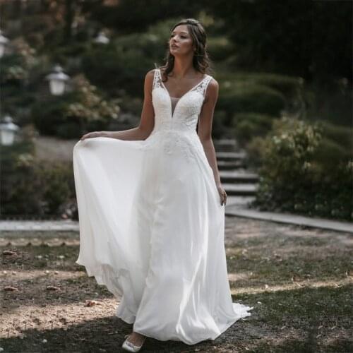 Sexy Deep V-Neck A-Line Appliques Wedding Dress Lace Bridal Dress Floor Length Party Formal Gown Robes De Mariage