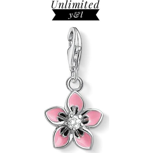 Pink Flower Pendant Charms 925 Sterling Silver CZ DIY Fashion Jewelry Bracelet Necklace Accessories Women Men 2020 Sping New