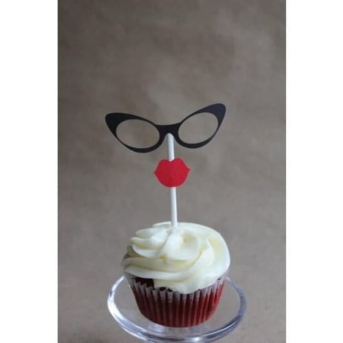 Retro Cat Eyeglasses and Lips Cupcake Toppers wedding birthday baby shower Party food picks free shipping photo booth props