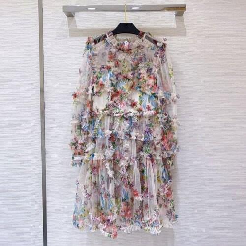 2021 Spring Lantern Sleeve Mesh Print Dress Very Luxury Good Quality Ball Gown Long Dress For Party Clothes One Piece