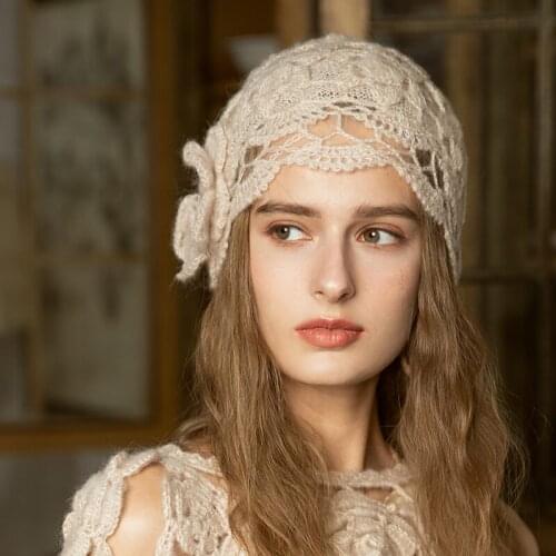 X040 Adult Handmade Bow Beret Autumn Korean-Style Fashion Knitted Hat British Retro Woolen Cap Womens Handmade Knitting Caps