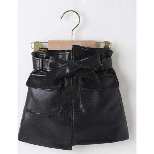 Girls PU Leather Skirt High Waist Cute Sweet Bowtie Baby Girl Skirt Little Kids Children Clothing 2 3 4 5 6 Years Old