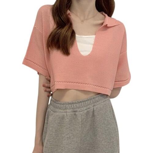 Women Casual Short Sleeve T Shirt Summer Navel Exposed Knitted Tops Female Loose V-Neck T Shirts