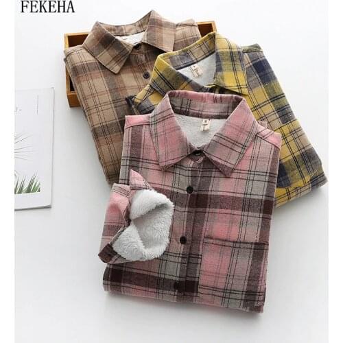 Winter Warm Womens Jacket Thick Velvet Plaid Shirt Lady Coat Female Casual Jacket Outerwear