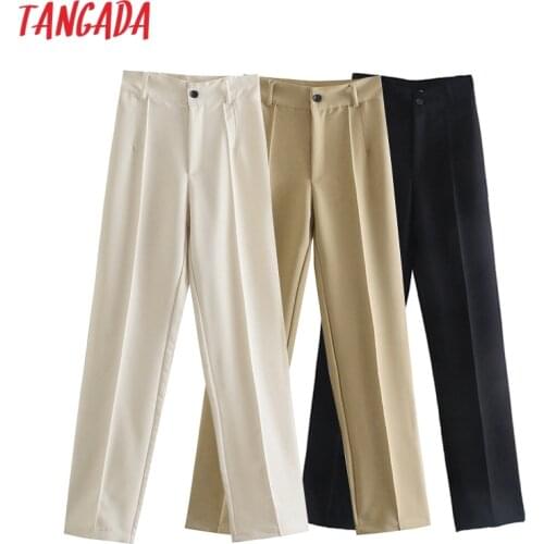 Tangada Fashion Women Solid Khaki White Suit Pants Trousers Vintage Style Pockets Buttons Office Lady Pants Pantalon JE45