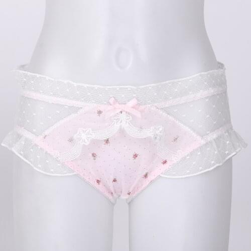 Women Briefs Lingerie Cute Floral Print Low Waist Patchwork Lace Trim Ruffled Panties See-Through Mesh Back Underpants Underwear