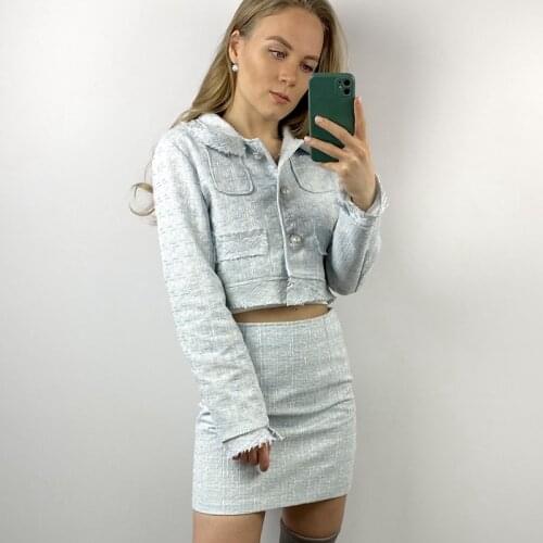 Mini Skirt Set Vetement Femme High Quality Female Elegant Skirt Suits 2021 New Autumn Tweed Two Piece Set Women Outfits Crop Top