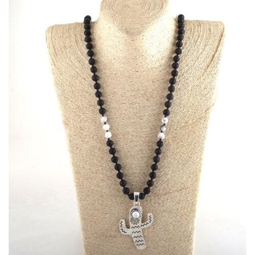 RH Fashion Bohemian Tribal Jewelry Black / White Stone Long Knotted Moon / Cactus Pendant Necklaces For Women Necklace