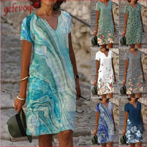 Vintage Print Cotton Linen Dresses for Women 2021 Trending Clothes Casual Short Sleeve Beach Midi Dress Robe Vestidos De Verano