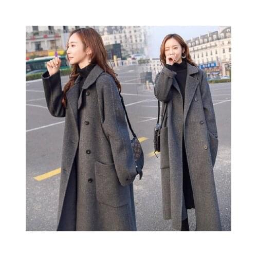 2021 New Autumn Winter Womens Wool Coat Female Fashion Long Single Breasted Slim Solid Korean Style Warm Elegant Blends