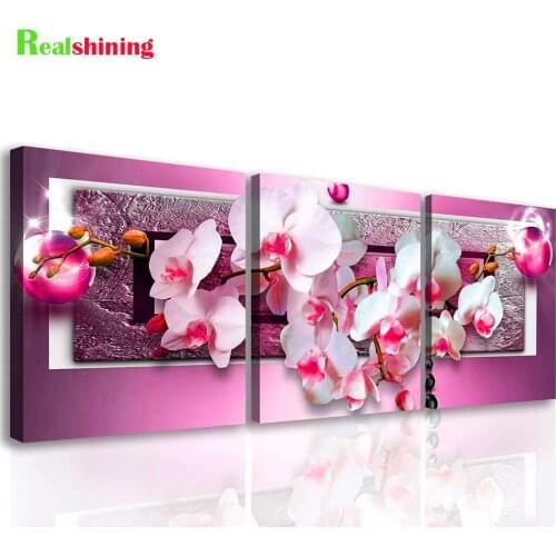 Fuchsia Orchid 3 Piece Diy Diamond Embroidery Flower Diamond Painting full Square Round Drill Home Decoration Triptych,N2170