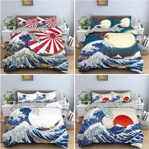 3D Retro Bedding Set Japanese Waves And Sunset Duvet Cover Set With Pillowcase 2/3 PCS Double Full King Queen Size Bedclothes
