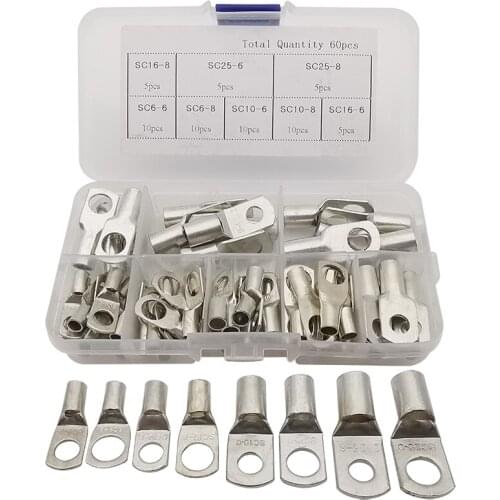 60Pcs SC Bare Terminals Lug Tinned Copper Tube Lugs Battery Wire Connector Bare Cable Crimp Seal Soldered Terminal Kit