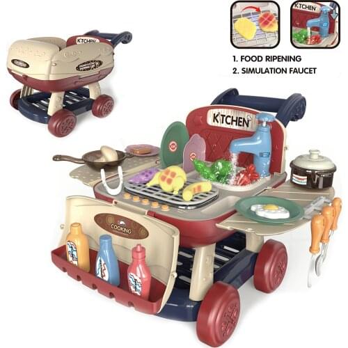 Kids Kitchen Shopping Cart Toys Pretend Play Food Wash Sink Cooking Cookwares with Light + Sound Color Kids Toys Birthday Gift