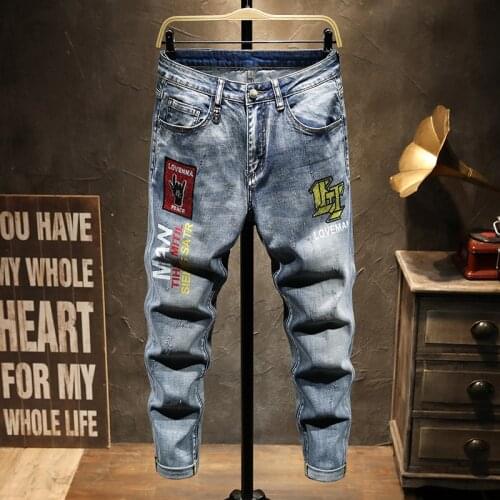 European Men dsq Brand Slim Jeans Denim Trousers Stretch Blue Patchwork Hole Pants For Men Ripped Jeans JS1059