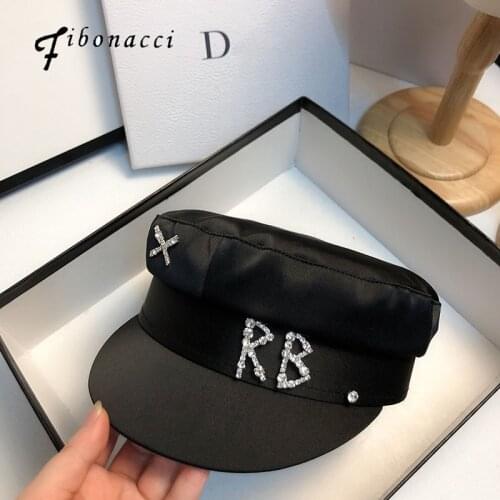Fibonnaci White Hats For Women Spring Summer Rhinestone Alphabet Military Hat Fashion Causal Travel Satin Flat Top Cap Black