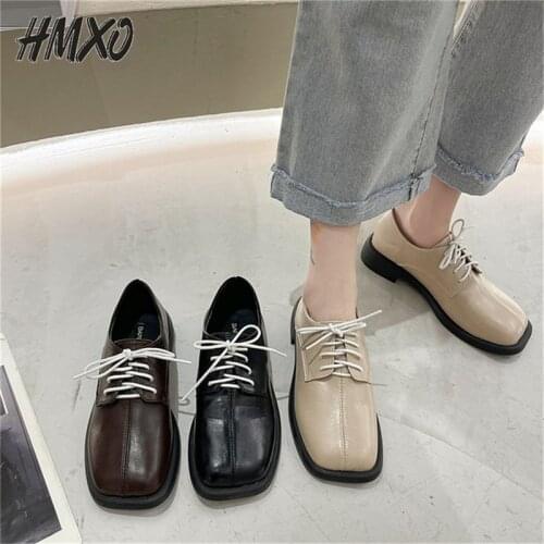 HMXO Student Leather Shoes Womens Square Head Lace-up Single Shoes Thick Heel All-match Casual British Style Flat Shoes Women