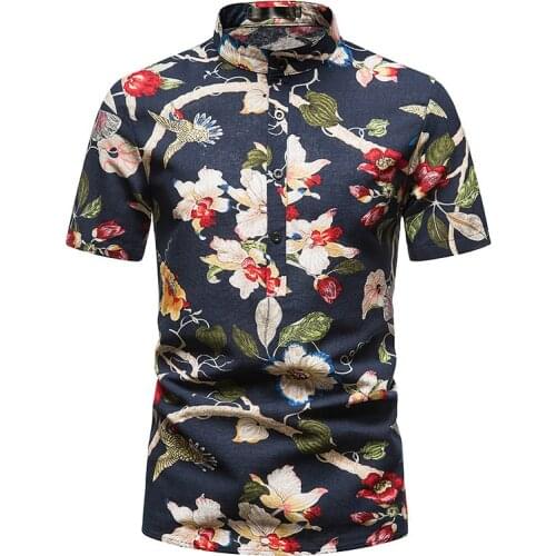 Print Shirts Men Stand Collar Casual Flower Shirt Mens Hawaiian Oversized Short Sleeve Camisas Summer Holiday Beach Streetwear