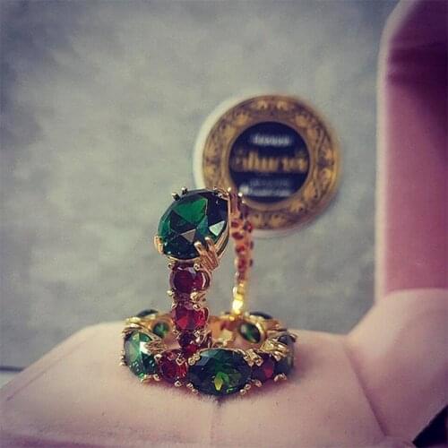 Luxury Exquisite Green Crystal Stone Ring Set for Women Fashion Golden Inlaid Zircon Wedding Party Jewelry Gifts Freeshipping