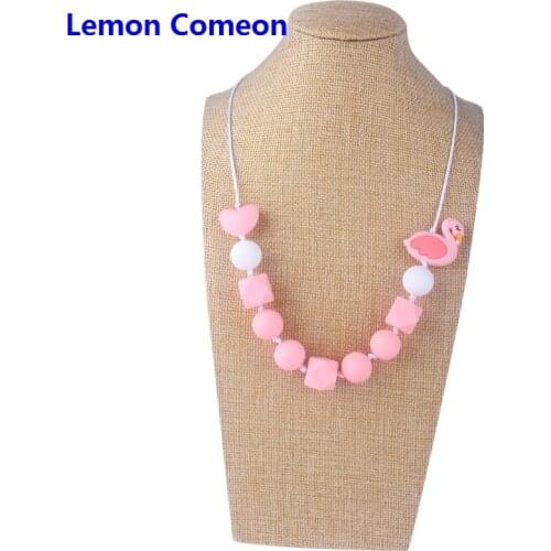 New Baby Silicone Teether Necklace Molar Pendant Cartoon Pattern Teething Chew Food Grade Silicone Beads Long Toddler Necklace