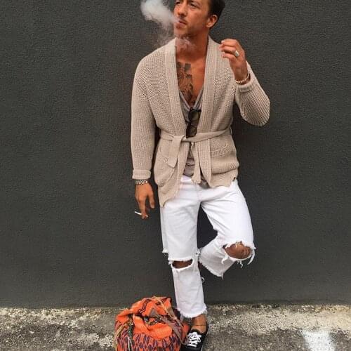 Latest Khaki Mens Cardigan Sweater with Belt Casual Knitted Sweaters For Men Fashion Solid Color Autumn Male Outerwear Tops