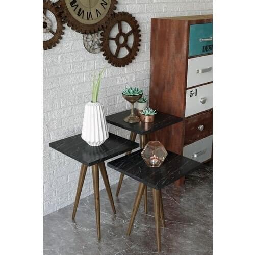 Remaks Retro 3 Piece Zigon Coffee Table Side Table Serving Stand, Tea Stand-Black Marble