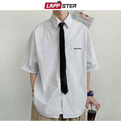 LAPPSTER Men Striped Harajuku Short Sleeve Shirts 2021 Summer Mens Korean Fashion Vintage Shirts Male Cotton Streetwear Shirts