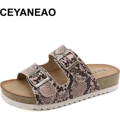 CEYANEAOWomens Summer Beach Slippers Serpentine Double Buckle Non-slip Cork Slides Female Flip Flops Ladies Sandals Home Shoes