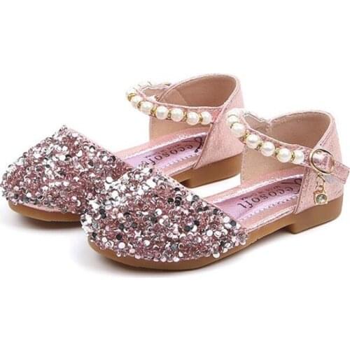 Summer Girls Shoes Bead Mary Janes Flats Fling Princess Shoes Baby Dance Shoes Kids Sandals Children Wedding Shoes Gold